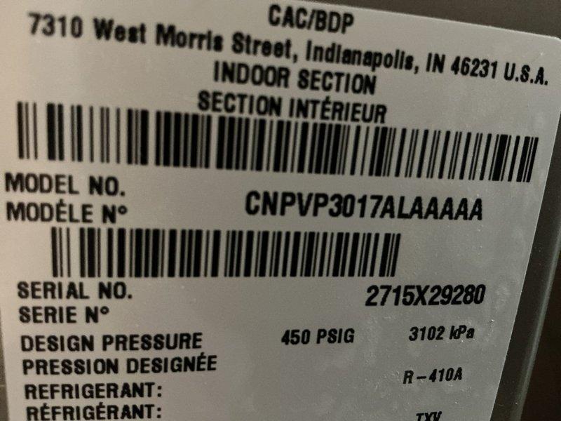 Completed annual cooling maintenance on two HVAC systems. Performed comprehensive inspection of indoor air handler unit, model CNPVP3017ALAAAAA, serial number 2715X29280, utilizing R-410A refrigerant with design pressure rated at 450 PSIG. Conducted refrigerant pressure diagnostics on outdoor condensing unit using manifold gauge set, verifying system pressures and operational parameters. All equipment found operating within manufacturer specifications with no deficiencies identified.