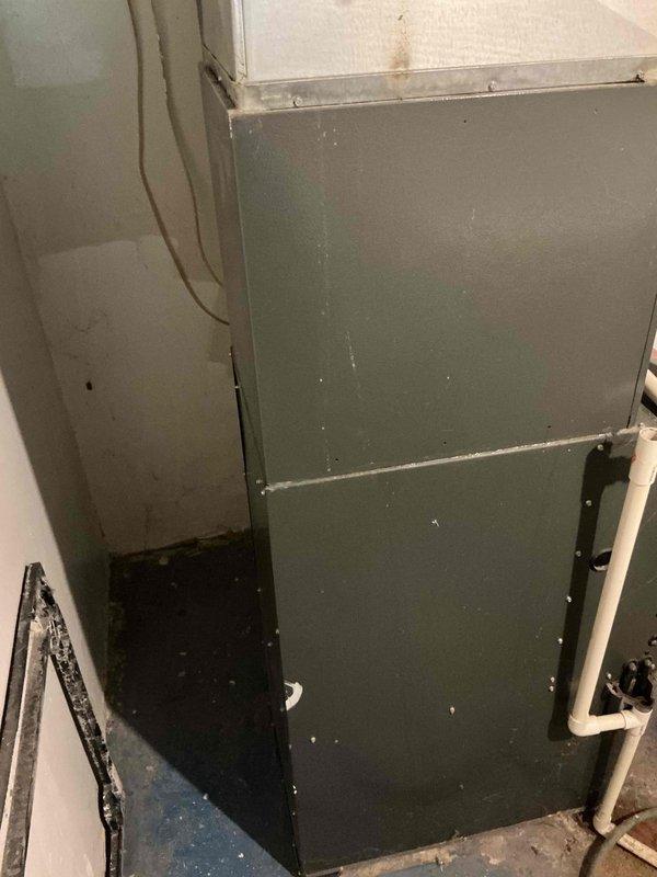 Conducted comprehensive assessment of existing 15-year-old Goodman HVAC system including air conditioning unit and furnace located in basement mechanical room. Evaluated current equipment condition, noting aged copper refrigerant lines with weathered brass fittings, existing PVC condensate drainage system, and overall cabinet wear consistent with equipment age. Documented system specifications and existing installation configuration to provide detailed estimate for complete system replacement of both heating and cooling components.