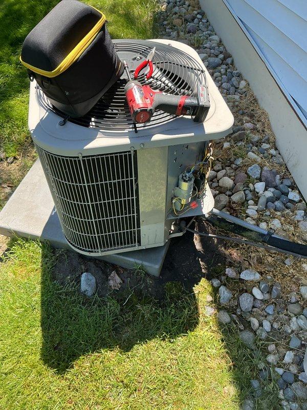 Completed annual cooling maintenance on Goodman indoor section model CNPVP2417ALAAAAA and outdoor condenser unit utilizing R-410A refrigerant. Performed comprehensive system inspection, electrical diagnostics on condenser components with multimeter testing, and verified proper operation of all equipment. Replaced air filter as scheduled maintenance item.
