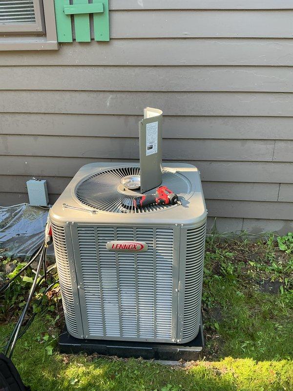Completed scheduled preventative maintenance on Lennox air conditioning system. Performed comprehensive inspection of condenser unit, checked refrigerant pressures and levels, cleaned condenser coils, verified proper fan operation, and inspected electrical connections and components. System operating within normal parameters upon completion of service.