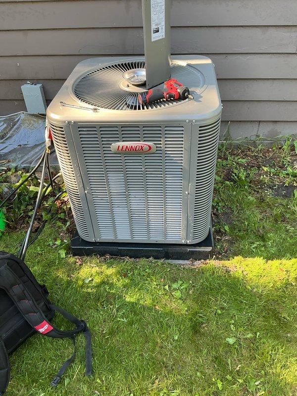 Completed scheduled preventative maintenance on Lennox air conditioning system. Performed comprehensive inspection of condenser unit, checked refrigerant pressures and levels, cleaned condenser coils, verified proper fan operation, and inspected electrical connections and components. System operating within normal parameters upon completion of service.