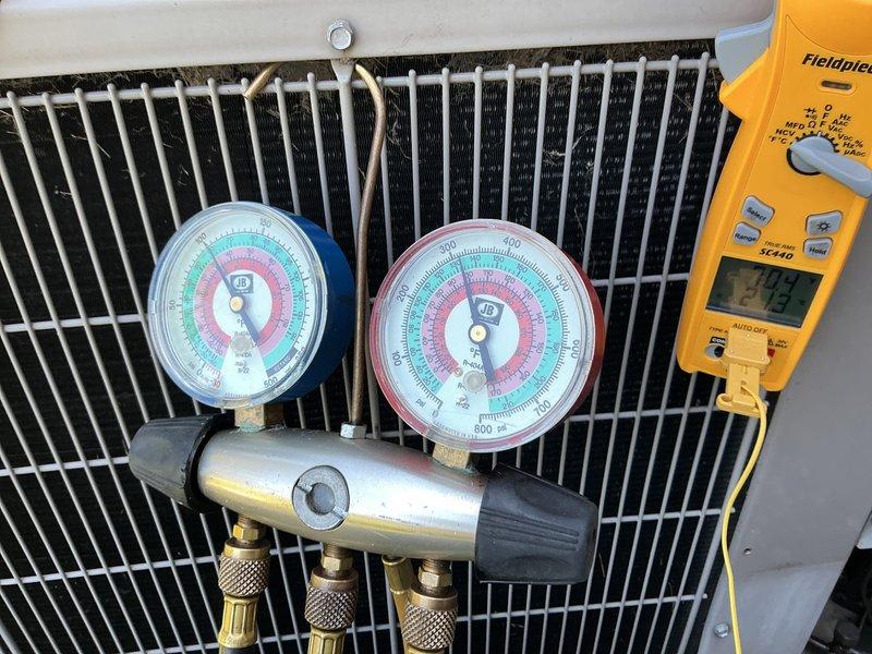 Completed comprehensive AC tune-up and preventive maintenance on 10-year-old air conditioning system. Utilized manifold gauge set and Fieldpiece SC440 digital meter to measure and verify refrigerant pressures and system temperatures, confirming proper operating pressures and temperatures within manufacturer specifications. System found operating properly with no deficiencies noted; all components functioning as designed.