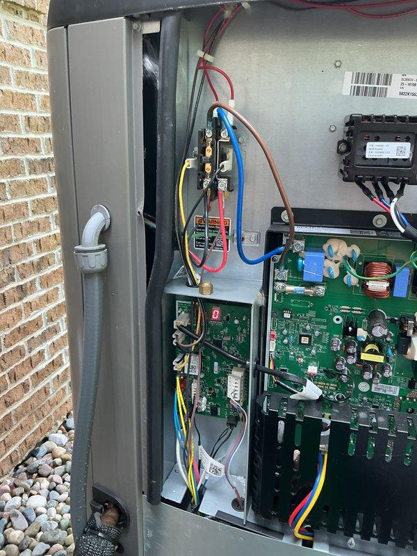 Completed annual cooling maintenance on HVAC system. Performed comprehensive inspection of outdoor control panel, verified all electrical connections, circuit boards, and control modules operating within normal parameters. Inspected refrigerant lines, manifold gauges, and brass valve assembly with no leaks detected. All wire harnesses, relays, capacitors, and electronic components checked and functioning properly. System tested and confirmed operational.