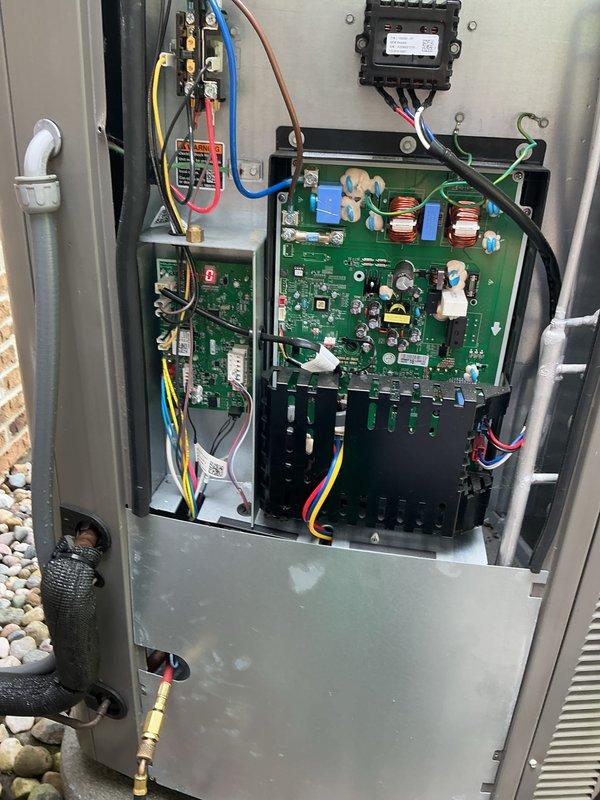 Completed annual cooling maintenance on HVAC system. Performed comprehensive inspection of outdoor control panel, verified all electrical connections, circuit boards, and control modules operating within normal parameters. Inspected refrigerant lines, manifold gauges, and brass valve assembly with no leaks detected. All wire harnesses, relays, capacitors, and electronic components checked and functioning properly. System tested and confirmed operational.