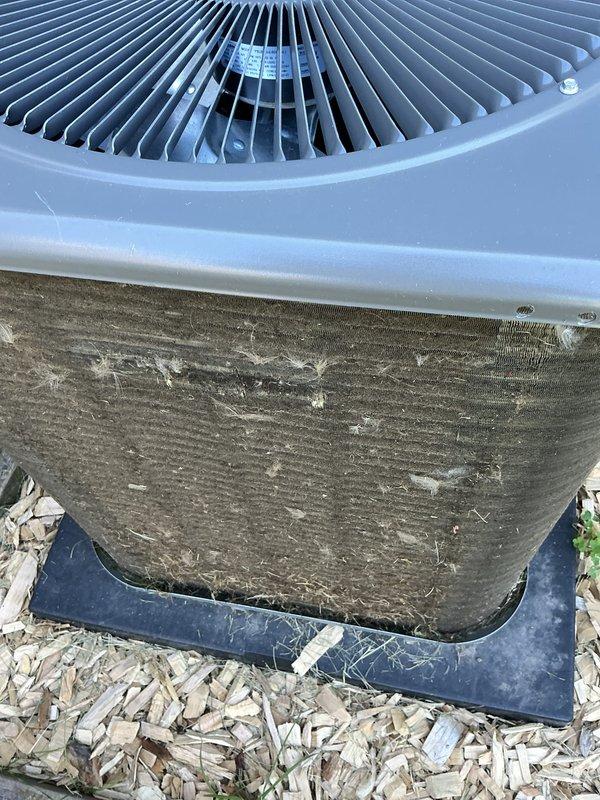 Completed scheduled Air Care Cooling preventative maintenance on residential outdoor condensing unit. Condenser coil showed significant dirt, dust, and debris accumulation restricting airflow; thoroughly cleaned and rinsed coil to restore proper heat transfer efficiency. Inspected fan motor operation, verified electrical connections, and confirmed unit operational parameters within manufacturer specifications.