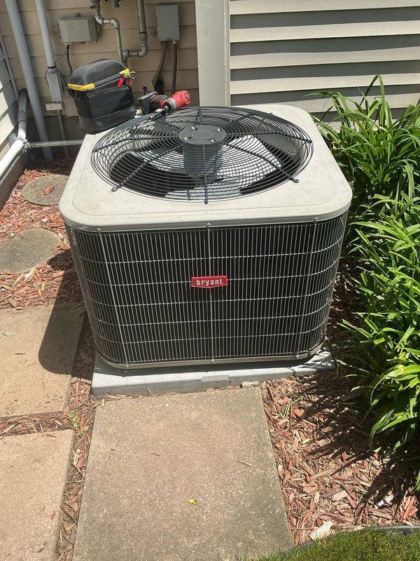 Completed annual cooling maintenance on Bryant condenser unit. Performed comprehensive system inspection, verified temperature differential at 18.7°F indicating proper refrigerant charge and heat exchange, and confirmed unit operational status with all components functioning within manufacturer specifications.