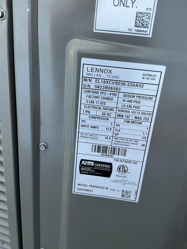 Responded to service call for 2-year-old Lennox EL18XCVS036-230A02 outdoor condensing unit displaying low pressure error code. Performed diagnostic evaluation and confirmed refrigerant leak in system containing R-410A refrigerant. Located and repaired leak, pressure tested system, evacuated to proper vacuum levels, and recharged unit to factory specification of 5 lbs 11 oz. Verified proper operation of compressor and condenser fan motor, confirmed electrical readings within manufacturer specifications, and cleared error codes. Unit returned to normal cooling operation with all pressures and temperatures within acceptable range. Work completed under parts and labor warranty.