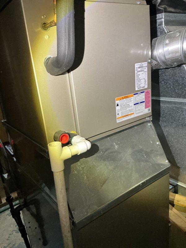 Completed annual cooling maintenance on Bryant HVAC system in basement utility area. Inspected furnace unit, air handler, ductwork connections, and condensate drain system with PVC piping and drain pan. Noted filter change required and documented system condition with photos showing metallic ductwork, electrical connections, and overall installation configuration.