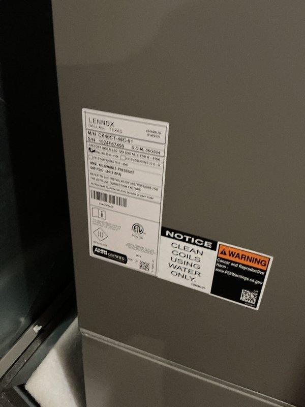 Completed scheduled Air Care Cooling maintenance on Lennox HVAC system, model 7X5C61A5C+1. Performed comprehensive inspection of evaporator coil assembly, verified A-frame coil configuration and aluminum fin condition, checked refrigerant line connections and insulation integrity, and documented system specifications per manufacturer guidelines.