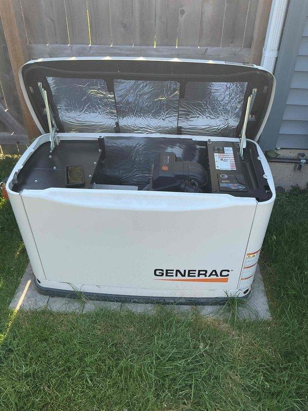 Responded to service call for 14KW Generac Evolution 2.0 generator displaying alarm condition with red indicator light instead of normal green status. Upon arrival, found control panel showing "ALARM" message on display screen with unit in OFF position. Performed diagnostic evaluation of generator system, inspected internal components with housing opened, and documented current operational status. Verified control panel functionality and assessed whether unit successfully completed recent automatic test cycle as scheduled.