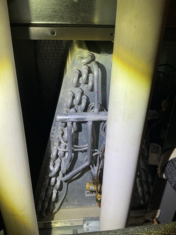 Completed scheduled ComfortGuard maintenance visit on residential HVAC system. Performed comprehensive inspection of evaporator coil assembly, heat exchanger, gas valve, and all electrical components. Identified and documented need for air filter replacement with HCF16-11 MERV 11 filter. Verified proper operation of all mechanical systems, inspected refrigerant lines and connections, and confirmed system safety controls functioning correctly.