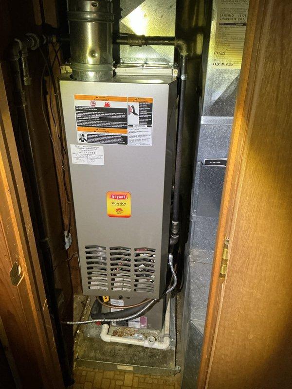 Completed annual cooling maintenance on residential HVAC system. Performed comprehensive inspection of Bryant furnace and outdoor condensing unit, including evaluation of compressor operation, heat exchanger coils, refrigerant lines, gas connections, and condensate drainage system. All components photographed and found to be operating within normal parameters with routine cleaning and system check completed.