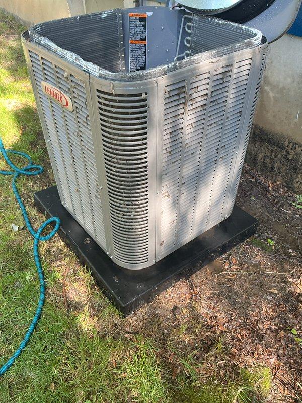 Completed scheduled air conditioning maintenance on Lennox split system. Performed comprehensive inspection of indoor evaporator coil assembly and outdoor condensing unit, documenting equipment condition through photography. Verified proper refrigerant line connections, checked service port accessibility, and confirmed all system components are operating within normal parameters for continued reliable cooling performance.