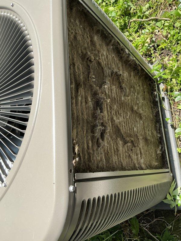 Completed annual cooling maintenance on outdoor condensing unit. Unit exhibited heavy dirt and debris accumulation on exterior panels, coil surfaces, and filter components. Performed thorough inspection, cleaning, and standard preventative maintenance procedures to restore proper airflow and system efficiency.