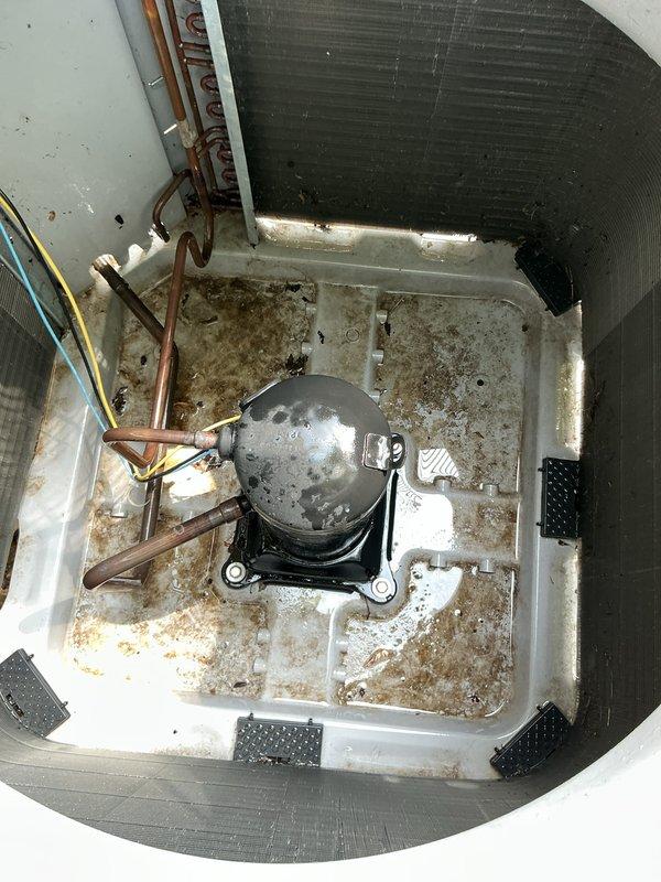 Completed annual cooling maintenance on residential split system air conditioning unit. Performed comprehensive system inspection of outdoor condenser unit and verified proper operation of compressor, fan motor, and electrical components. Checked refrigerant pressures and temperatures using manifold gauge set. Inspected copper refrigerant line connections and service valves for signs of leaks or damage. Noted accumulation of dirt and debris in condenser drain pan requiring attention during future service. All major components operating within normal parameters at time of inspection.
