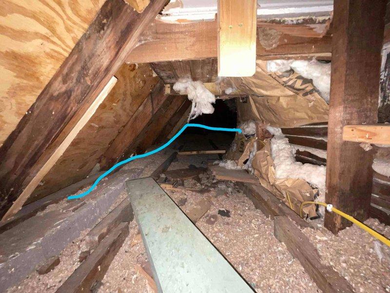 Conducted site assessment for new 2-zone mini split system installation in single-family residence requiring one outdoor condenser unit and two indoor wall-mounted air handlers for upstairs rooms measuring 96 and 110 square feet. Evaluated attic space for refrigerant line routing, electrical requirements, and condensate drainage pathways, documenting existing structural conditions including wooden framing, insulation placement, and available access points for installation. Assessed both interior room locations for optimal indoor unit placement, noting ongoing renovation work and confirming adequate wall space and electrical service availability for timely system deployment.