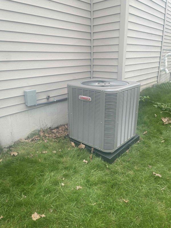 Completed full HVAC system installation including new furnace and air conditioning unit. Installed Lennox outdoor condensing unit on equipment pad with proper electrical disconnect and line set connections. Configured PVC venting system for furnace exhaust and intake through exterior wall with appropriate terminations and cleanout access. All permits obtained, system tested and operational, financing paperwork and identification documentation collected and filed.