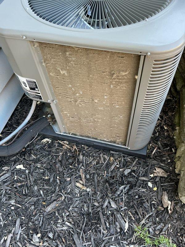 Completed annual cooling maintenance on outdoor condensing unit. Inspected unit exterior, refrigerant lines, and electrical connections. Noted significant dirt and debris accumulation on condenser coils requiring cleaning. Unit positioned on mulch bed against stone exterior wall with evidence of moisture and organic growth on surrounding building materials. Documented equipment condition with photographs showing heavily soiled filter panel with vertical streaking and discoloration patterns indicating restricted airflow. Verified fan assembly and louvered vent panels. Unit operational following maintenance procedures.