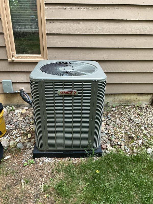 Responded to service call for non-operational condenser fan on 9-month-old Lennox air conditioning unit resulting in no cooling. Upon arrival, diagnosed condenser fan motor failure and replaced defective component under parts and labor warranty. Verified proper fan operation, tested system performance, and confirmed unit returned to normal cooling operation.