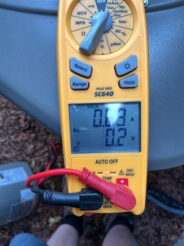 Completed scheduled Air Care Maintenance inspection on residential cooling system. Performed electrical diagnostics using digital multimeter, measuring amperage draws and voltage readings at outdoor condensing unit to verify proper system operation and component functionality. All measurements fell within manufacturer specifications, confirming system is operating efficiently with no service concerns identified at this time.