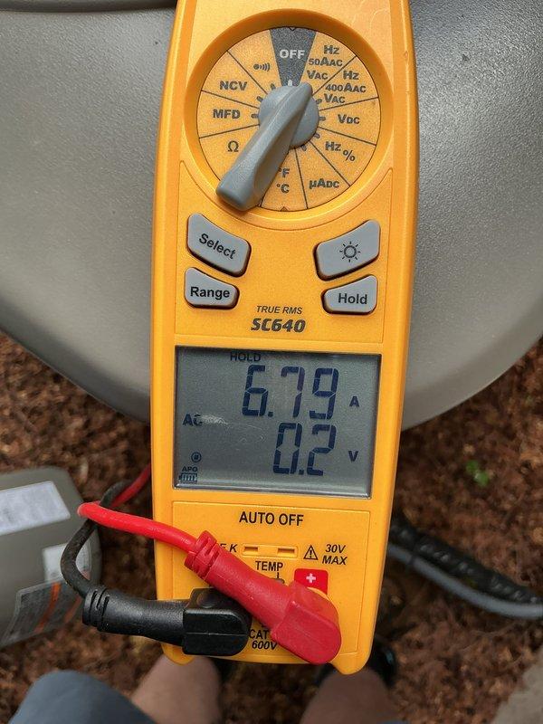 Completed scheduled Air Care Maintenance inspection on residential cooling system. Performed electrical diagnostics using digital multimeter, measuring amperage draws and voltage readings at outdoor condensing unit to verify proper system operation and component functionality. All measurements fell within manufacturer specifications, confirming system is operating efficiently with no service concerns identified at this time.