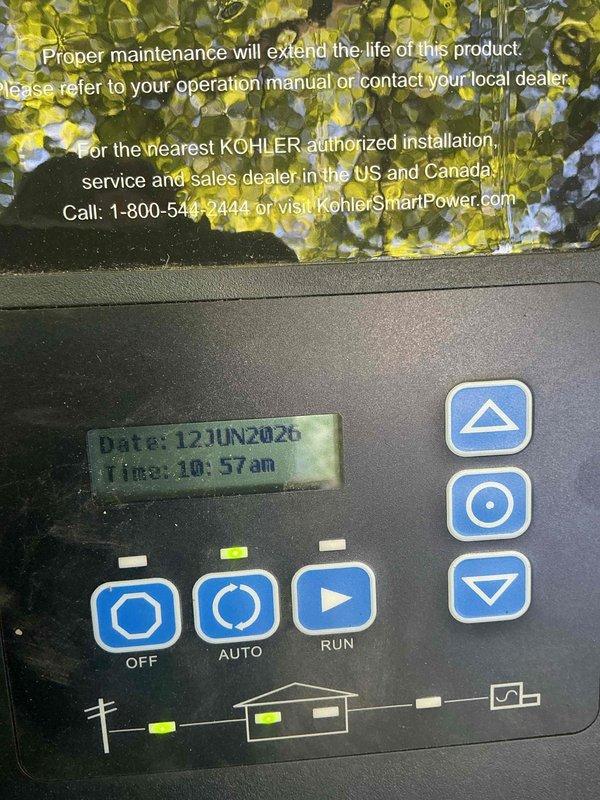 Responded to generator recall for error code diagnostics on Kohler unit. Upon arrival, accessed control panel and verified system display showing proper date/time functionality and operational status indicators. Inspected control interface including OFF/AUTO/RUN selector buttons and navigation controls, confirmed all panel functions responding correctly. Cleared error codes from system memory, tested generator through operational modes, and verified unit returned to normal standby operation with no active fault conditions.