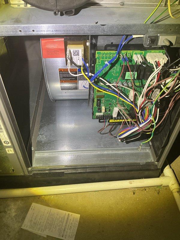 Completed annual HVAC maintenance on residential furnace system. Accessed and inspected internal components including blower motor assembly, gas lines, control boards, and electrical connections. Inspected high-efficiency filter and evaporator coil pad for proper airflow and cleanliness. All safety controls, circuit boards, and wiring connections verified to be in normal operating condition with no deficiencies noted.