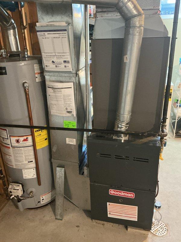 Completed annual heating and cooling maintenance on residential Goodman furnace system. Performed comprehensive inspection of furnace components including burner assembly, gas connections, electrical wiring, and heat exchanger. Replaced furnace filters and verified proper operation of all heating and cooling systems during scheduled preventative maintenance visit.