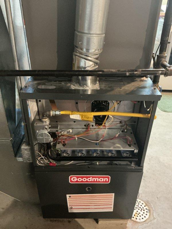 Completed annual heating and cooling maintenance on residential Goodman furnace system. Performed comprehensive inspection of furnace components including burner assembly, gas connections, electrical wiring, and heat exchanger. Replaced furnace filters and verified proper operation of all heating and cooling systems during scheduled preventative maintenance visit.