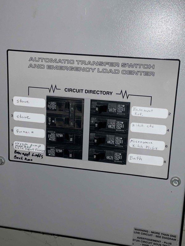 Completed electrical estimate for whole home generator replacement at residential property. Existing Generac generator system evaluated, including automatic transfer switch and emergency load center with dedicated circuits for essential loads including HVAC, kitchen appliances, basement receptacles, and bathroom. Assessment conducted of current generator unit mounted in basement utility area with existing conduit runs and transfer switch configuration to determine replacement specifications and installation requirements.