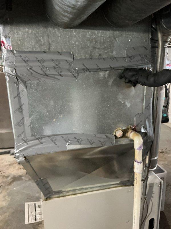 Responded to service call for air conditioning system with reported performance issues on 6-year-old unit. Upon arrival, performed comprehensive system evaluation including inspection of indoor air handler and associated ductwork in basement mechanical room. Verified Gibson furnace and air handler operation, checked refrigerant line connections and insulation integrity on copper piping. Inspected duct connections, metallic ductwork, and flexible duct joints for proper sealing and airflow restrictions. Examined system components for proper operation and potential efficiency losses. System found operating within normal parameters with no immediate mechanical failures identified. Provided recommendations for routine maintenance to optimize performance.