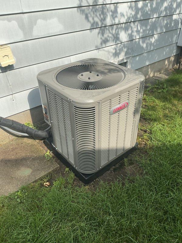 Completed annual cooling maintenance on Lennox residential air conditioning system. Inspected outdoor condenser unit, verified proper operation of fan motor and compressor, checked refrigerant lines for leaks and proper insulation, cleaned condenser coils, and replaced furnace filter. Unit found in good operating condition with no deficiencies noted.