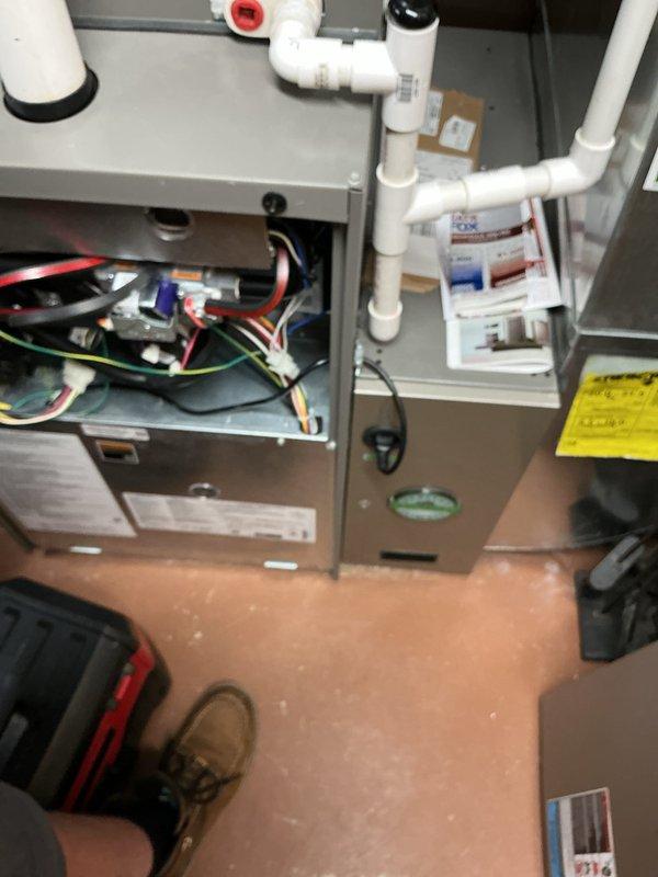 Performed complimentary annual furnace maintenance and tune-up on residential heating system. Conducted comprehensive inspection of furnace components including gas valve assembly, ignition system, blower motor, electrical connections, and control board. Verified all wire connections secure, tested safety controls, inspected heat exchanger for cracks or deterioration, cleaned burner assembly, checked flue piping and condensate drain system, and confirmed proper system operation with no issues found.
