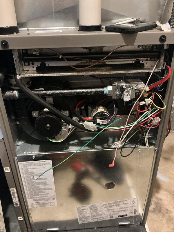 Completed annual furnace maintenance and tune-up on a 10-year-old unit. Performed comprehensive inspection of all internal components including blower motor assembly, heat exchanger, electrical connections, and control systems. Verified proper operation of condensate drain lines, checked all wire connections for security and wear, and inspected burner assembly and ignition components. All systems tested and found operating within normal parameters with no issues identified. Unit photographed and left in proper working condition.