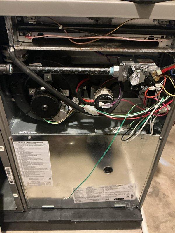 Completed annual furnace maintenance and tune-up on a 10-year-old unit. Performed comprehensive inspection of all internal components including blower motor assembly, heat exchanger, electrical connections, and control systems. Verified proper operation of condensate drain lines, checked all wire connections for security and wear, and inspected burner assembly and ignition components. All systems tested and found operating within normal parameters with no issues identified. Unit photographed and left in proper working condition.