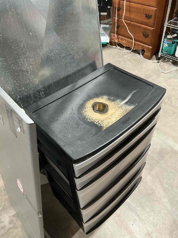 Responded to service call for water leaking from ductwork on 19-year-old HVAC system located in basement. Upon inspection, identified condensate drainage issue causing water accumulation in ductwork. Cleared condensate line blockage, verified proper drainage flow, and confirmed system operation with no further leakage detected.