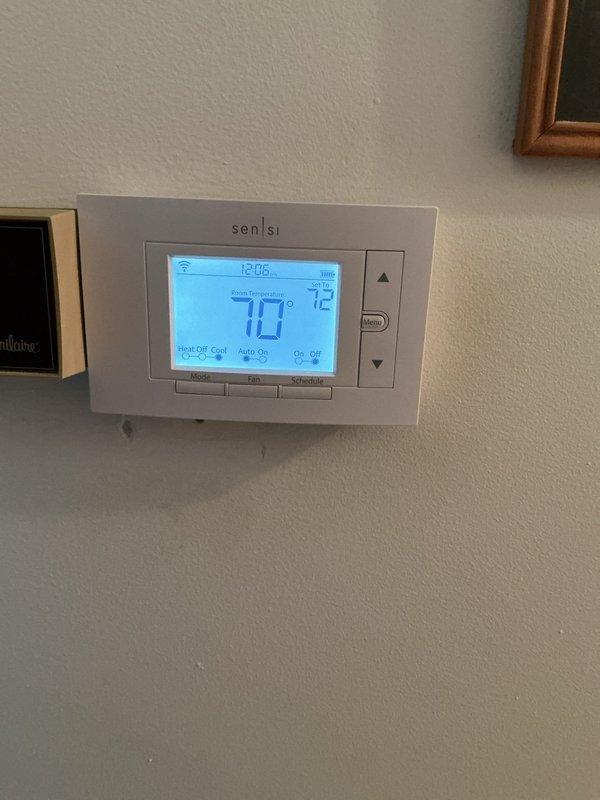 Responded to no-cool call and found 15-year-old Ritetemp thermostat unable to call for cooling due to malfunctioning down arrow button preventing temperature setpoint adjustment below current ambient of 78°F. Replaced failed thermostat with new Sensi programmable unit, verified proper wiring connections, configured system settings, and successfully tested cooling operation with AC unit cycling on at adjusted setpoint of 72°F.