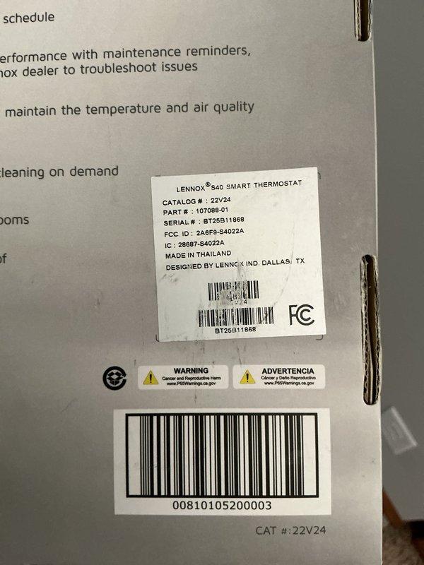 Responded to emergency service call for complete HVAC system failure with thermostat displaying critical alert code 124. Upon arrival, diagnosed malfunctioning 5-year-old Lennox S40 Smart Thermostat in basement that had experienced a system update failure, preventing communication with the furnace. Replaced defective thermostat with new Lennox S40 Smart Thermostat (catalog #22V24, part #107088-01, serial #BT25811868). Installed new unit, established proper wiring connections to furnace, configured system settings, and verified successful communication between thermostat and heating equipment. Tested all HVAC system functions to confirm full operational status restored.