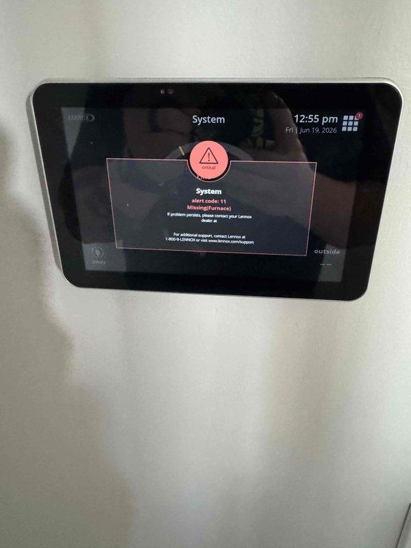 Responded to emergency service call for complete HVAC system failure with thermostat displaying critical alert code 124. Upon arrival, diagnosed malfunctioning 5-year-old Lennox S40 Smart Thermostat in basement that had experienced a system update failure, preventing communication with the furnace. Replaced defective thermostat with new Lennox S40 Smart Thermostat (catalog #22V24, part #107088-01, serial #BT25811868). Installed new unit, established proper wiring connections to furnace, configured system settings, and verified successful communication between thermostat and heating equipment. Tested all HVAC system functions to confirm full operational status restored.