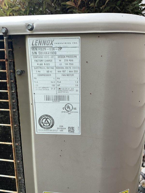 Completed annual cooling maintenance on Lennox HS29-036-2P heat pump system. Inspected outdoor condenser unit, verified proper operation of all components, and noted minor filter and pad maintenance requirements during routine preventive service visit.
