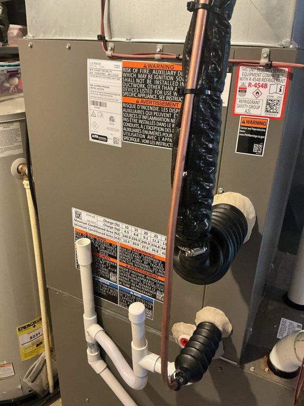 Performed routine preventative maintenance on air conditioning system. Inspected furnace/air handler unit, verified proper operation of all components, and checked refrigerant lines for integrity. Replaced air filter with new unit to ensure optimal airflow and system efficiency.