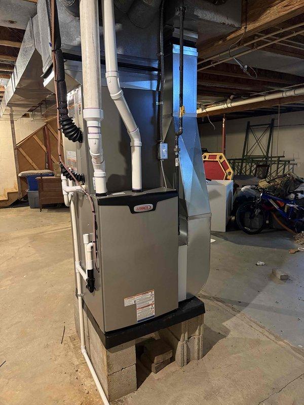 Completed full HVAC system installation including a Lennox 90,000 BTU gas furnace and 3-ton air conditioning unit with right-side placement configuration. Installed new PVC intake and exhaust venting, ran new electrical circuit to code, and completed all mechanical and electrical connections in basement location. All required permits were obtained for mechanical and electrical work, system was tested and verified operational upon completion.