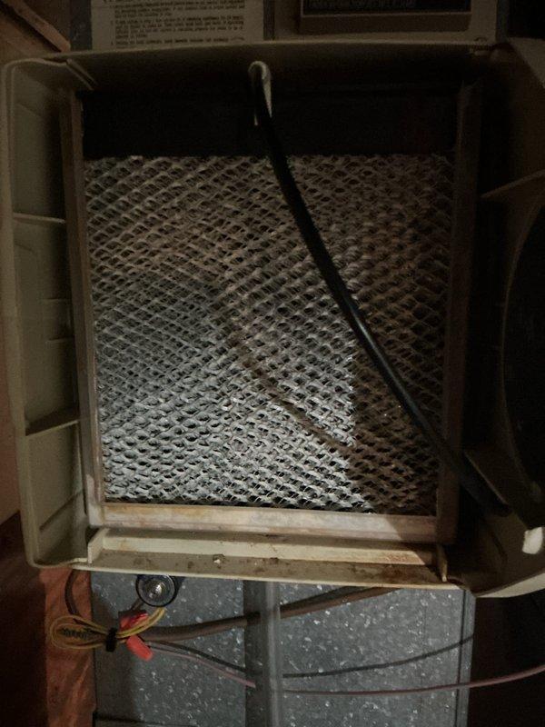 Completed routine maintenance on Bryant central air conditioning system. Inspected outdoor condenser unit, verified proper operation of compressor and condenser fan, and checked refrigerant levels. Serviced indoor air handler, noting dirty mesh filter which was cleaned to restore proper airflow and system efficiency.