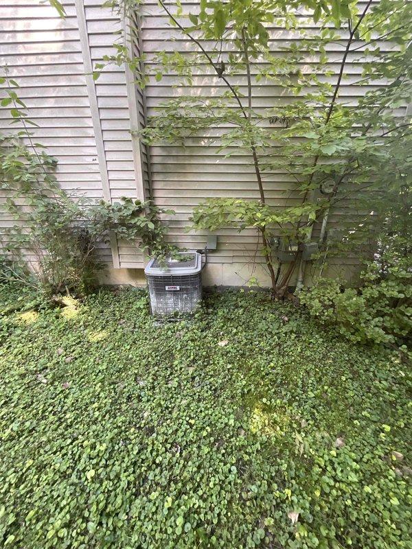Assessed existing 30-year-old forced air heating and cooling system for complete replacement. Furnace was non-operational, leaving residence without heat. Evaluated electrical panel, indoor furnace installation area accessible through garage, and outdoor condenser unit positioned against home exterior with significant vegetation overgrowth requiring consideration for equipment access and service clearance during replacement installation.