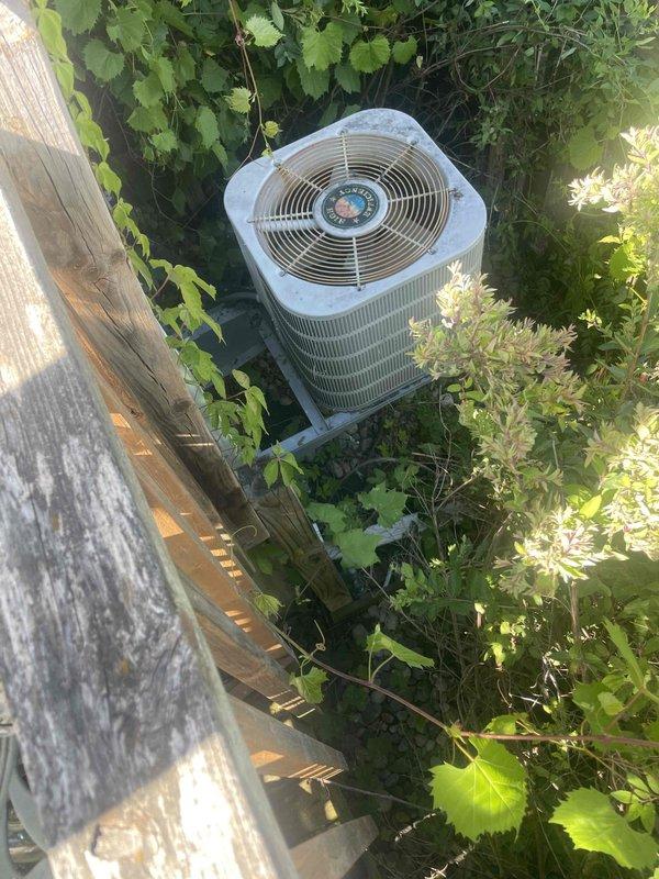 Provided estimate for replacement of non-operational 24-year-old air conditioning system with basement-located equipment and outdoor condensing unit. Assessed existing electrical panel configuration and outdoor unit placement surrounded by vegetation, documenting current equipment condition and site requirements for replacement installation.