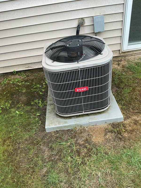 Completed routine spring tune-up and preventative maintenance on Bryant brand central air conditioning system. Performed comprehensive inspection of outdoor condenser unit, tested system performance with digital gauges, verified electrical connections at disconnect box, and assessed overall unit operation. System found to be functioning properly with no issues identified during service call.