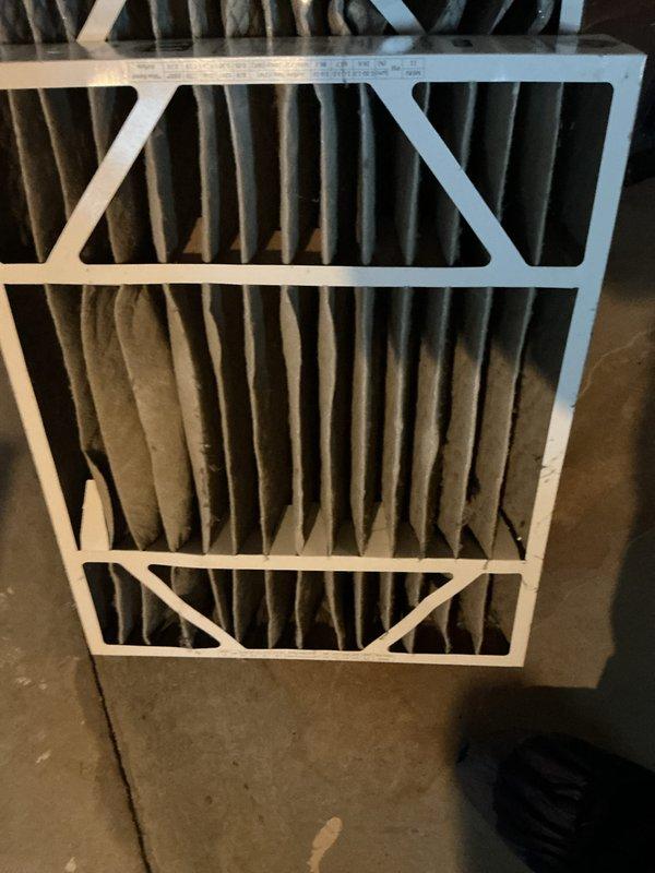 Completed annual cooling maintenance on Lennox air handler unit. Inspected system components and found air filter heavily soiled with dust accumulation, restricting airflow. Replaced dirty pleated filter with new filter to restore proper system operation and efficiency. Verified condensate drain lines clear and all warning labels intact. System operational and ready for continued cooling season use.