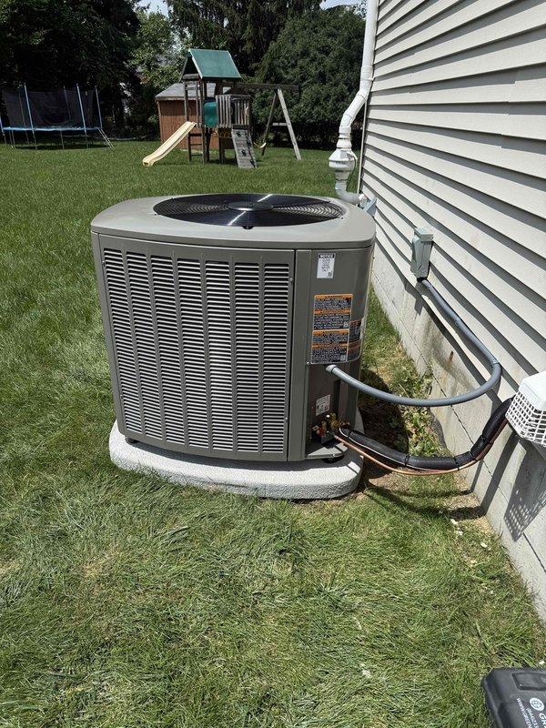 Completed full HVAC system installation including a 90,000 BTU furnace and 3.5-ton air conditioning unit with left-side configuration. Installed humidifier, reconnected all electrical and refrigerant lines, and positioned outdoor condensing unit on pad with proper drainage via PVC condensate line. All mechanical and electrical permits were obtained prior to installation, and system was tested and verified operational upon completion.
