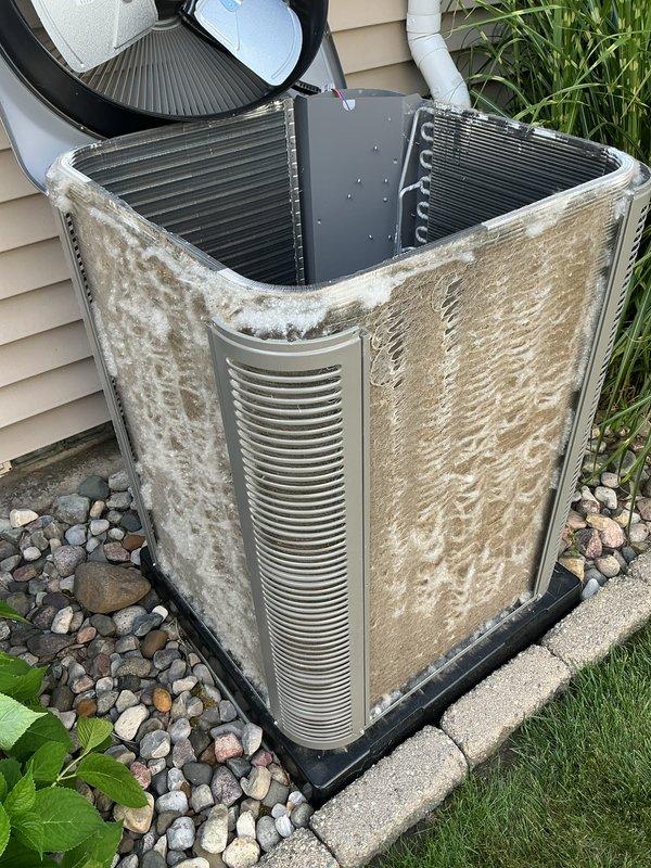 Completed scheduled Air Care Cooling maintenance on residential split system. Performed comprehensive inspection of outdoor condenser unit and indoor evaporator coil assembly. Exterior condenser cabinet showed heavy accumulation of dirt, dust, and organic debris requiring attention. Verified evaporator coil condition, refrigerant line connections, and drainage system operation. All components functioning within normal parameters. System operational upon completion of routine maintenance protocol.