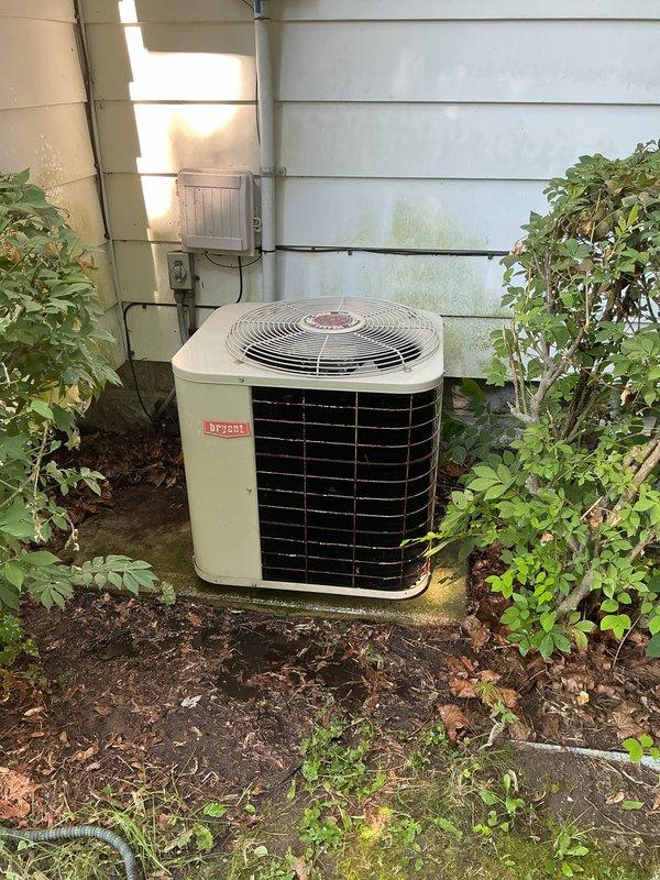 Completed annual cooling maintenance on Bryant air conditioning system. Performed comprehensive inspection of outdoor condensing unit, documented equipment condition with photos, and noted vegetation growth requiring clearance around unit for optimal airflow and accessibility. Recommended furnace filter replacement as part of routine maintenance protocol.